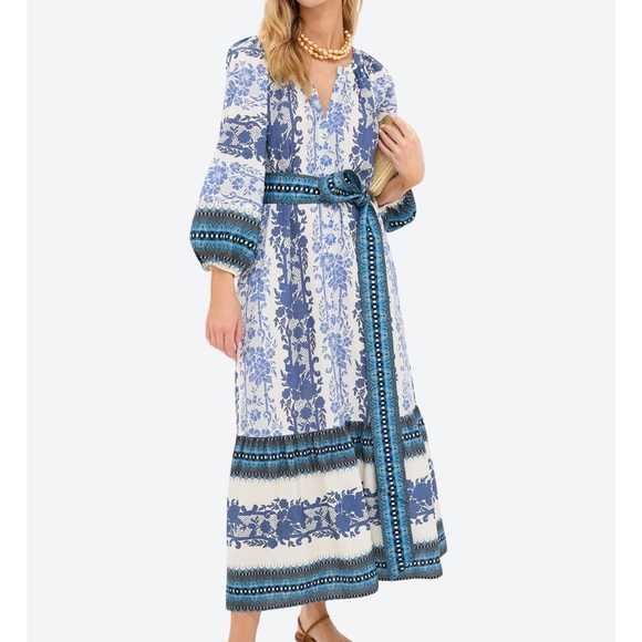 Tuckernuck Dresses & Skirts - Tuckernuck Blue and White Floral Border-Print Maxi Dress with Tie Belt